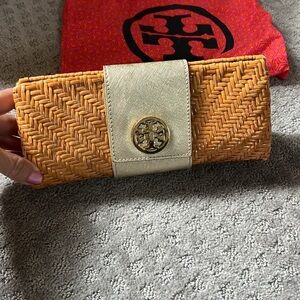 Tory Burch Gold and Tan Woven Clutch